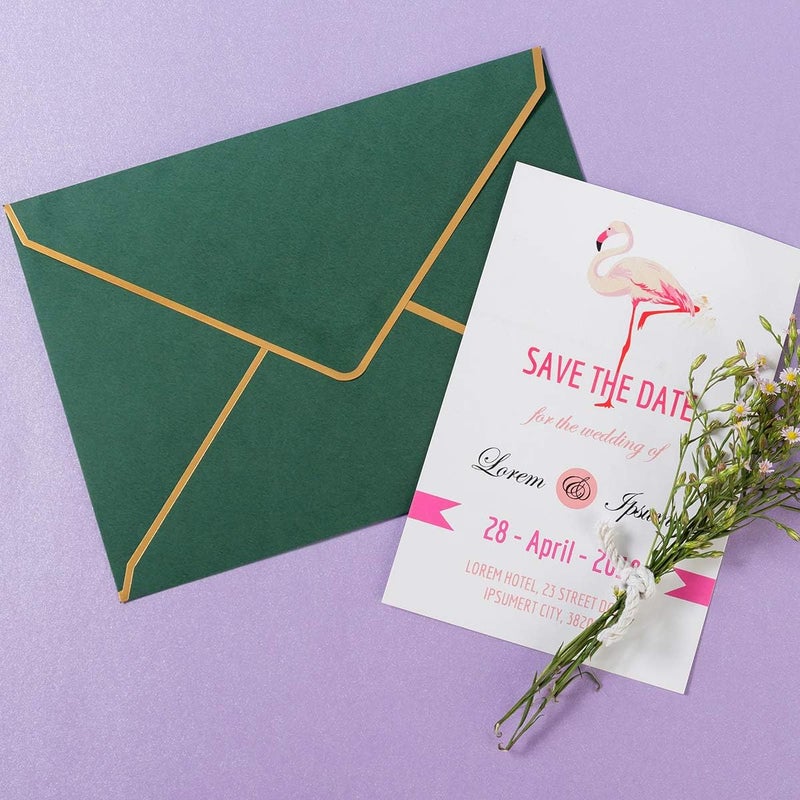 Homtable 100 Pack A7 Envelopes 5 x 7 Card Envelopes V Flap with Gold Border for Office, Wedding Gift Cards, Invitations, Graduation, Baby Shower, Parties (5.32 x 7.28 Inches, Dark Green) - Image 5